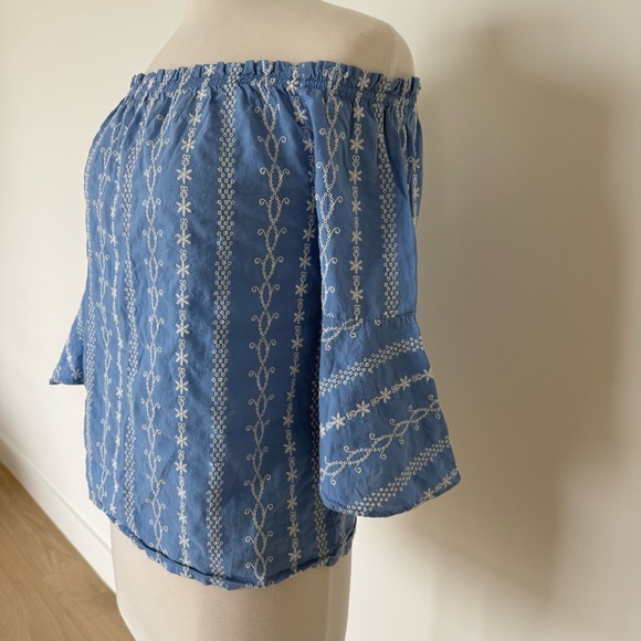 Koret Blue Off-Shoulder Blouse with White Embroidery // Size S - Picture 3 of 7